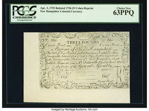 image for: Cohen Reprint New Hampshire April 3, 1755 Redated June 1, 1756 £3 PCGS Choice New 63PPQ....
