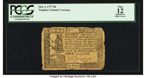 image for: Virginia May 5, 1777 $8 PCGS Apparent Fine 12....