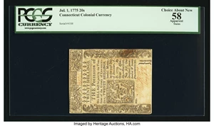 image for: Uncancelled Connecticut July 1, 1775 20s PCGS Apparent Choice About New 58....