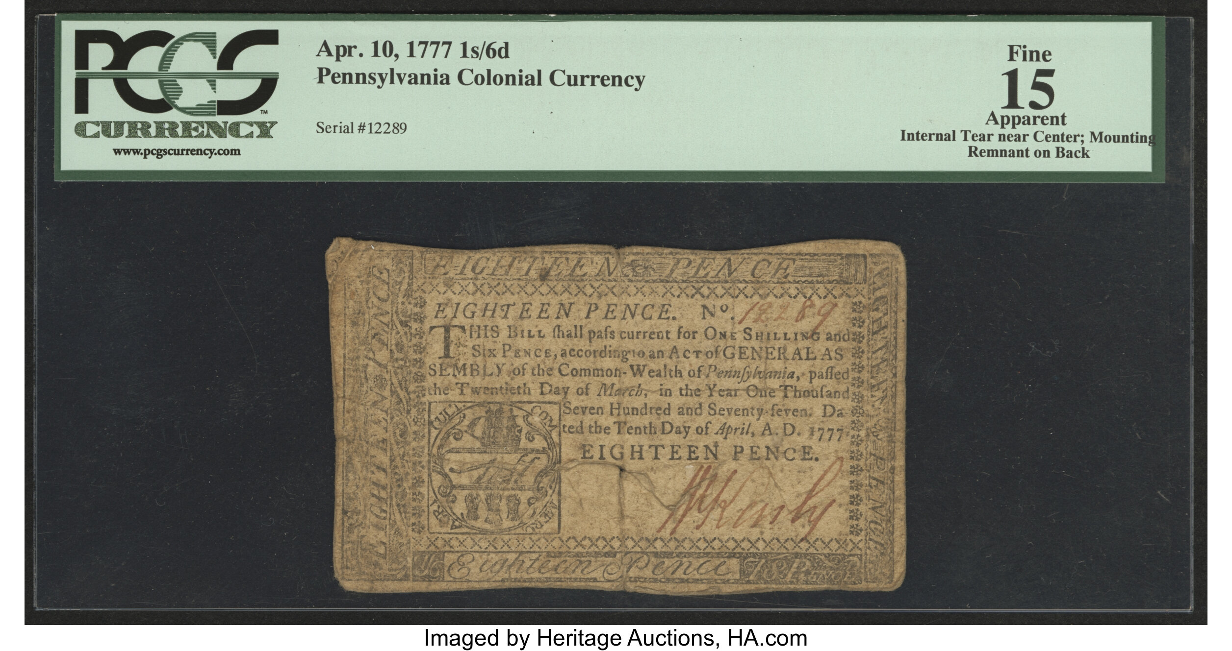 image for: Pennsylvania April 10, 1777 1s 6d PCGS Apparent Fine 15....