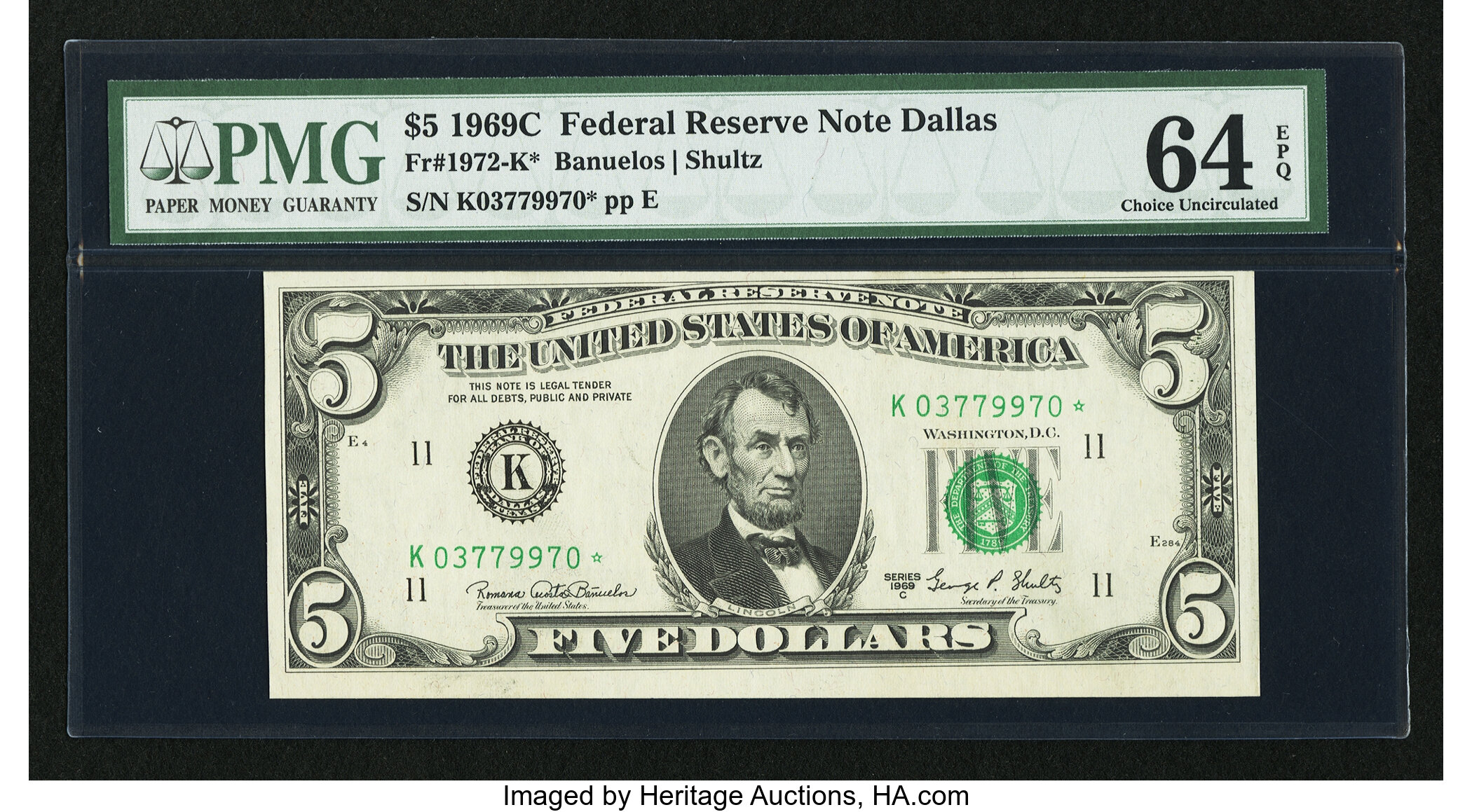 image for: Fr. 1972-K* $5 1969C Federal Reserve Note. PMG Choice Uncirculated 64 EPQ....