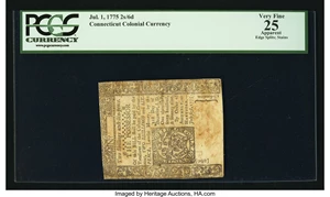 image for: Uncancelled Connecticut July 1, 1775 2s 6d PCGS Apparent Very Fine 25....