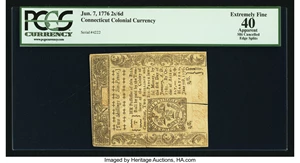 image for: Connecticut June 7, 1776 2s 6d Slash Cancel PCGS Apparent Extremely Fine 40....