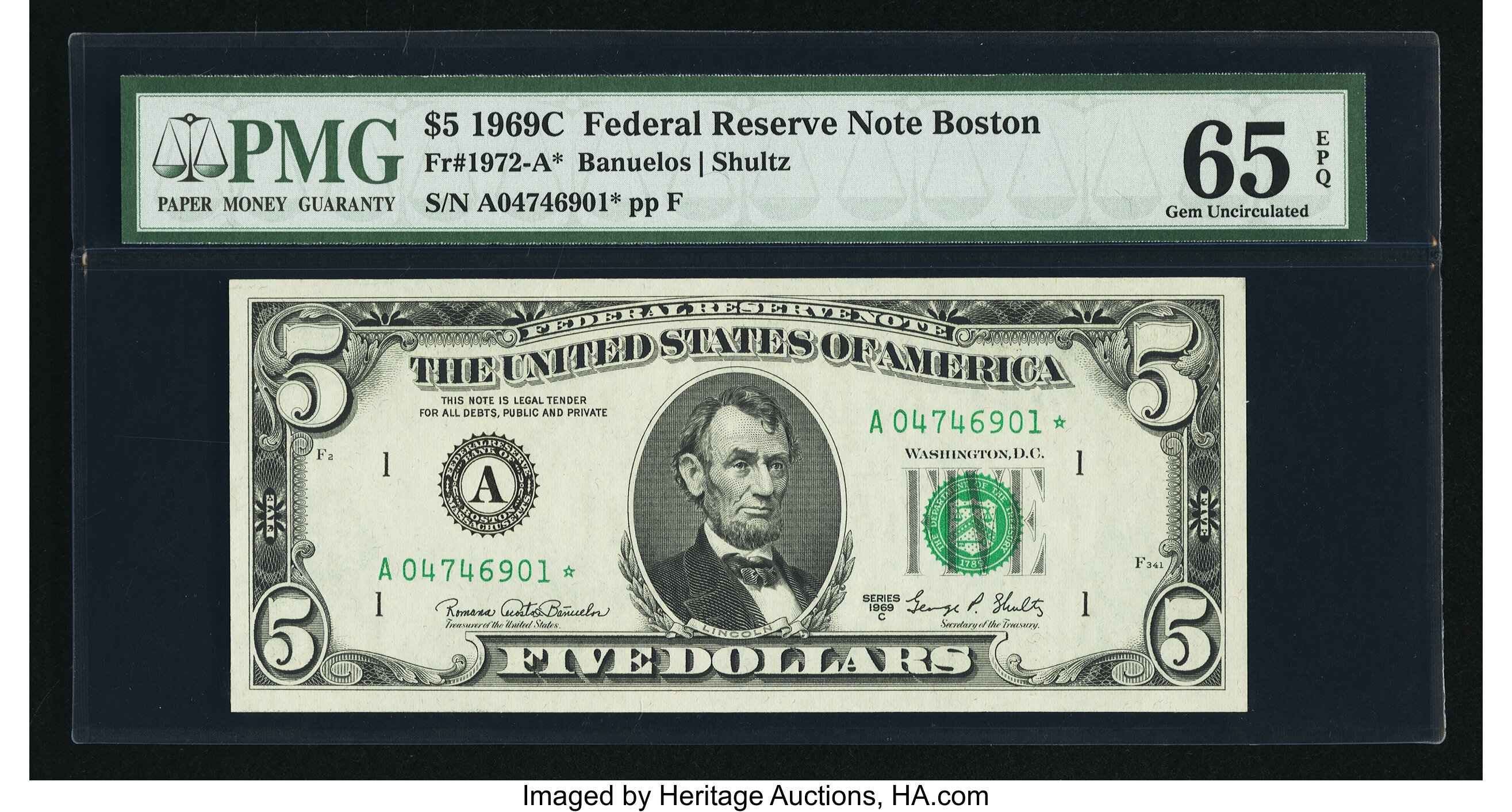 image for: Fr. 1972-A* $5 1969C Federal Reserve Note. PMG Gem Uncirculated 65 EPQ....