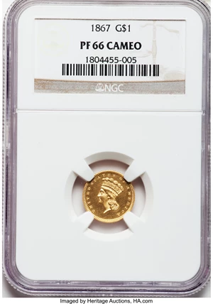 image for: 1867 G$1 PR66 Cameo NGC....