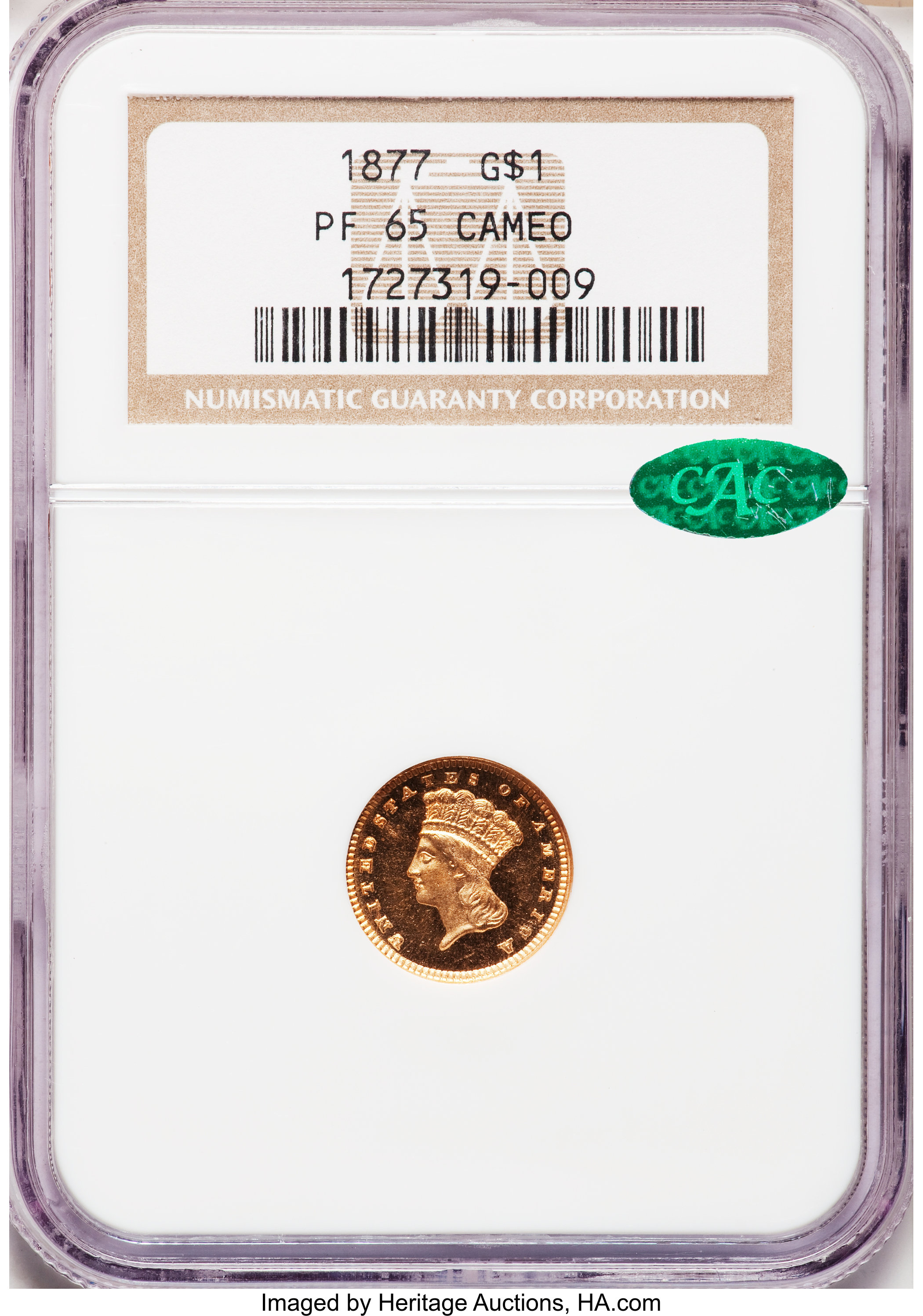 image for: 1877 G$1 PR65 Cameo NGC. CAC...