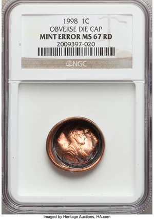 image for: 1998 1C Lincoln Cent -- Obverse Die Cap -- MS67 Red NGC....