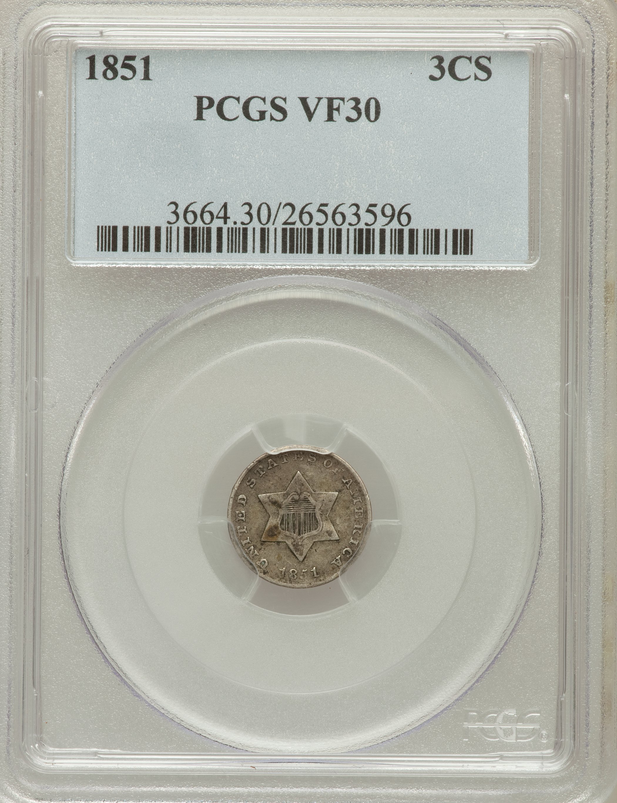 1851 3CS VF30 PCGS. PCGS Population (7/1264). NGC Census: (4/1101). Mintage: 5,447,400. Numismedia Wsl. Price for problem f...