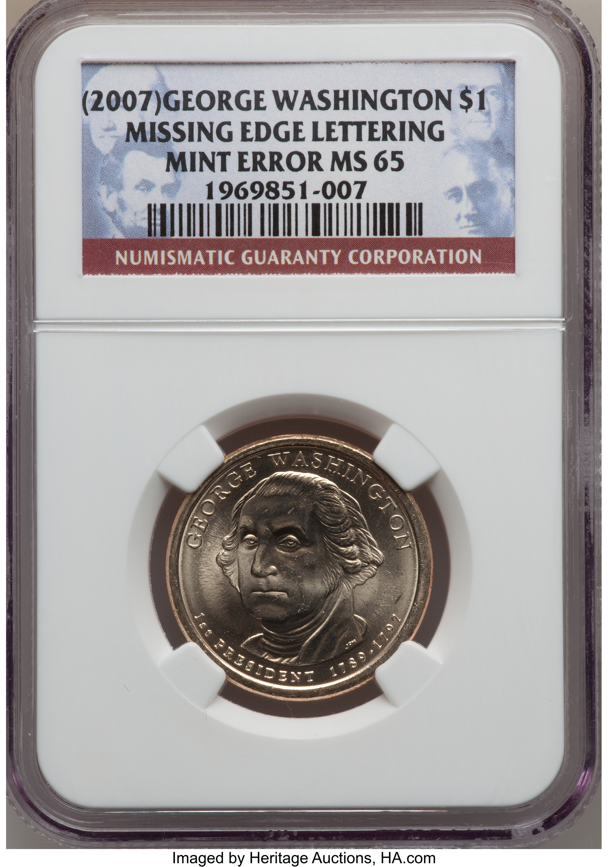 image for: 2007 $1  George Washington Missing Edge Lettering MS65 NGC. NGC Census: (25780/3120). PCGS Population (0/1).   (#396509)...
