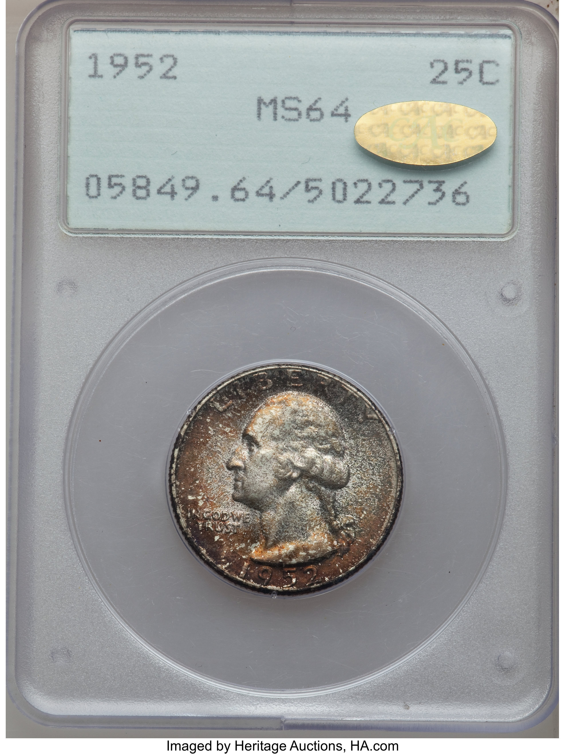 1952 25C MS64 PCGS. Gold CAC. PCGS Population (203/1327). NGC Census: (70/915). Mintage: 38,862,072. Numismedia Wsl. Price ...