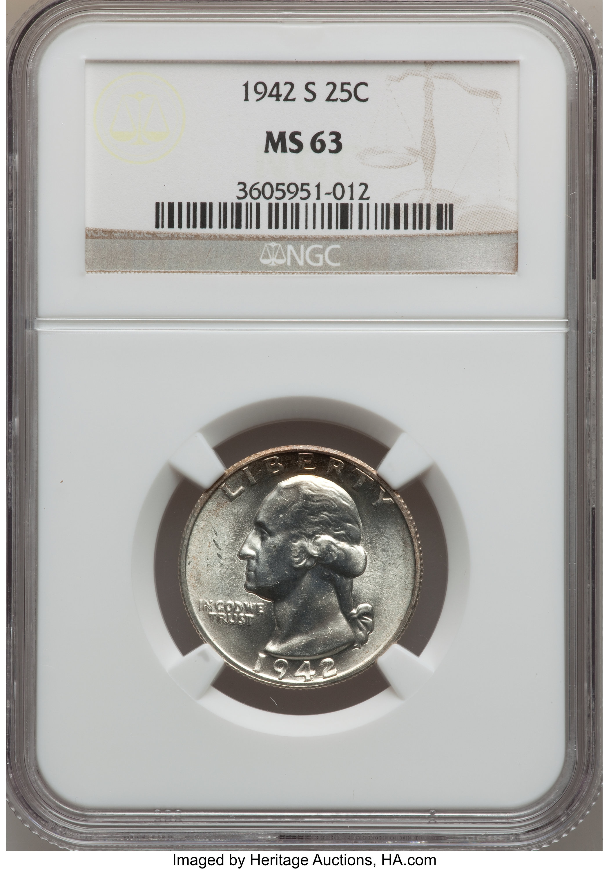 1942-S 25C MS63 NGC. NGC Census: (70/954). PCGS Population (163/1303). Mintage: 19,384,000. Numismedia Wsl. Price for probl...