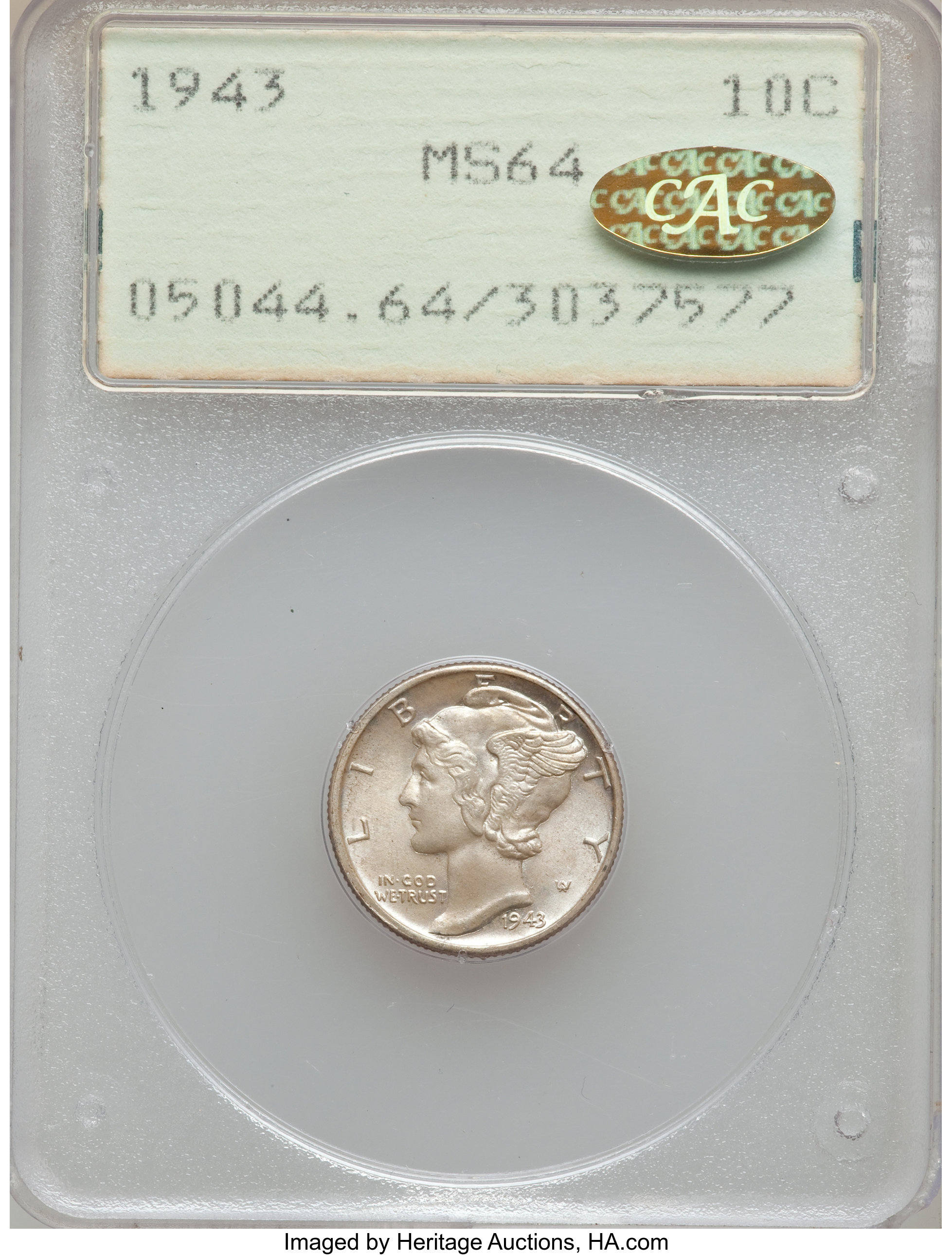 1943 10C MS64 PCGS. Gold CAC. PCGS Population (494/3100). NGC Census: (155/2870). Mintage: 191,710,000. Numismedia Wsl. Pri...