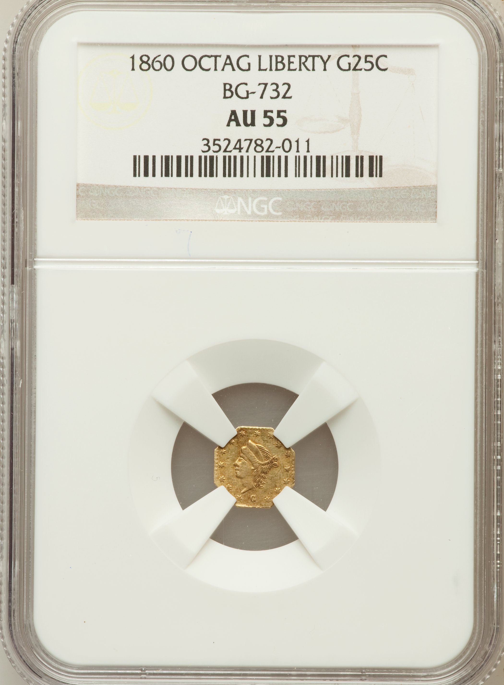 image for: 1860 25C Liberty Octagonal 25 Cents, BG-732, High R.6, AU55 NGC. NGC Census: (1/0). PCGS Population (5/9).  ...