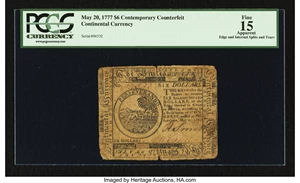 image for: Continental Currency May 20, 1777 $6 Contemporary Counterfeit PCGS Apparent Fine 15....