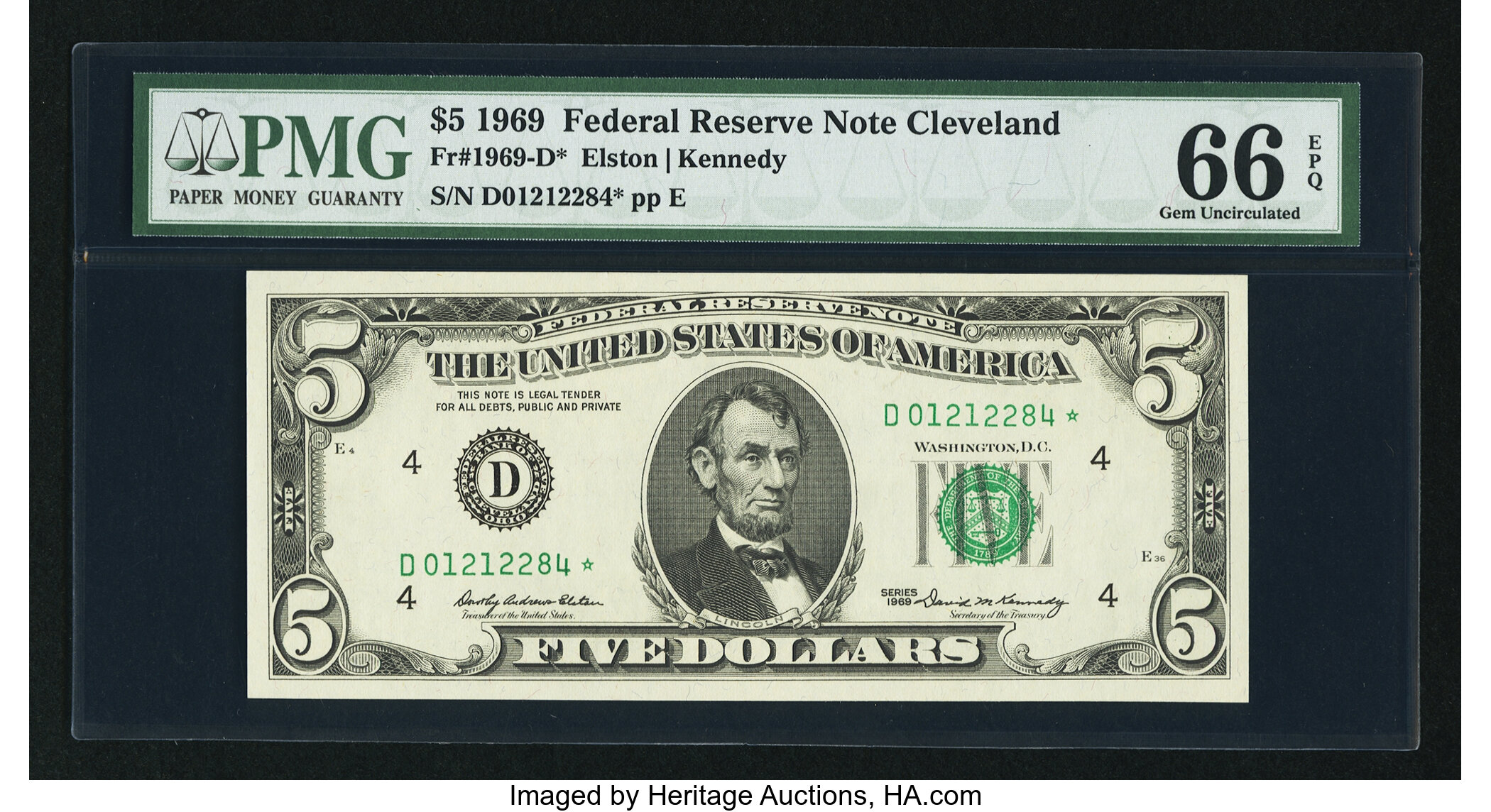 image for: Fr. 1969-D* $5 1969 Federal Reserve Star Note. PMG Gem Uncirculated 66 EPQ....