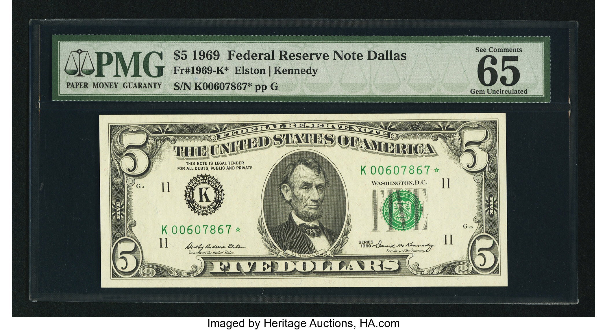 image for: Fr. 1969-K* $5 1969 Federal Reserve Star Note. PMG Gem Uncirculated 65 EPQ....