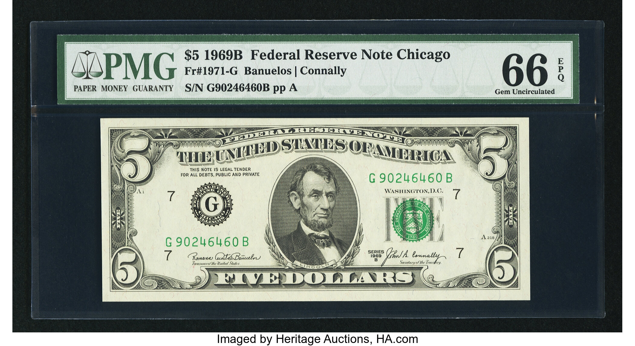 image for: Fr. 1971-G $5 1969B Federal Reserve Note. PMG Gem Uncirculated 66 EPQ....