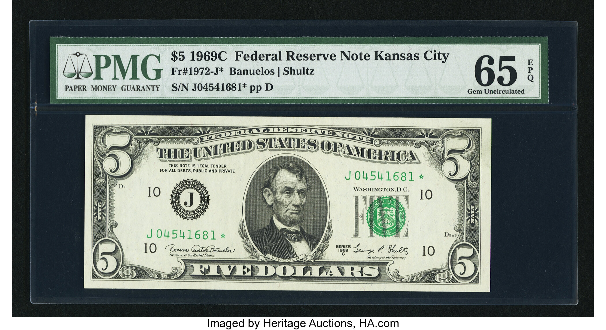 image for: Fr. 1972-J* $5 1969C Federal Reserve Star Note. PMG Gem Uncirculated 65 EPQ....
