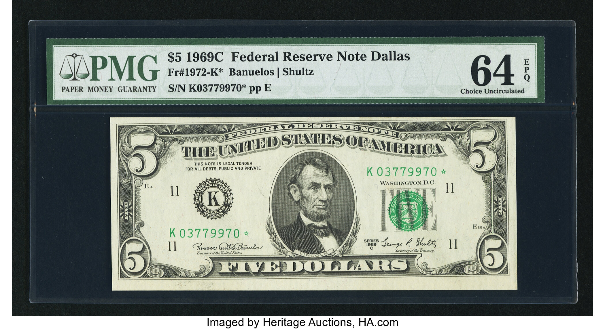 image for: Fr. 1972-K* $5 1969C Federal Reserve Star Note. PMG Choice Uncirculated 64 EPQ....