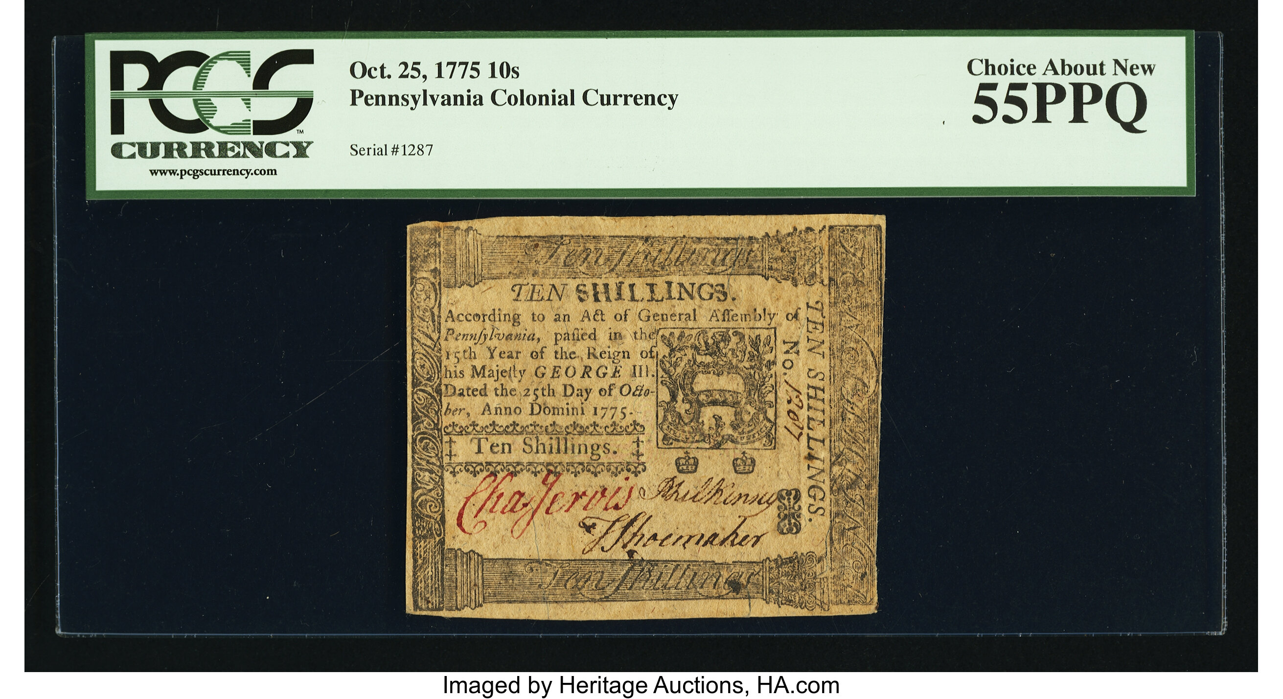 image for: Pennsylvania October 25, 1775 10s PCGS Choice About New 55PPQ....