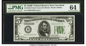 image for: Fr. 1952-D $5 1928B Dark Green Seal Federal Reserve Note. PMG Choice Uncirculated 64....