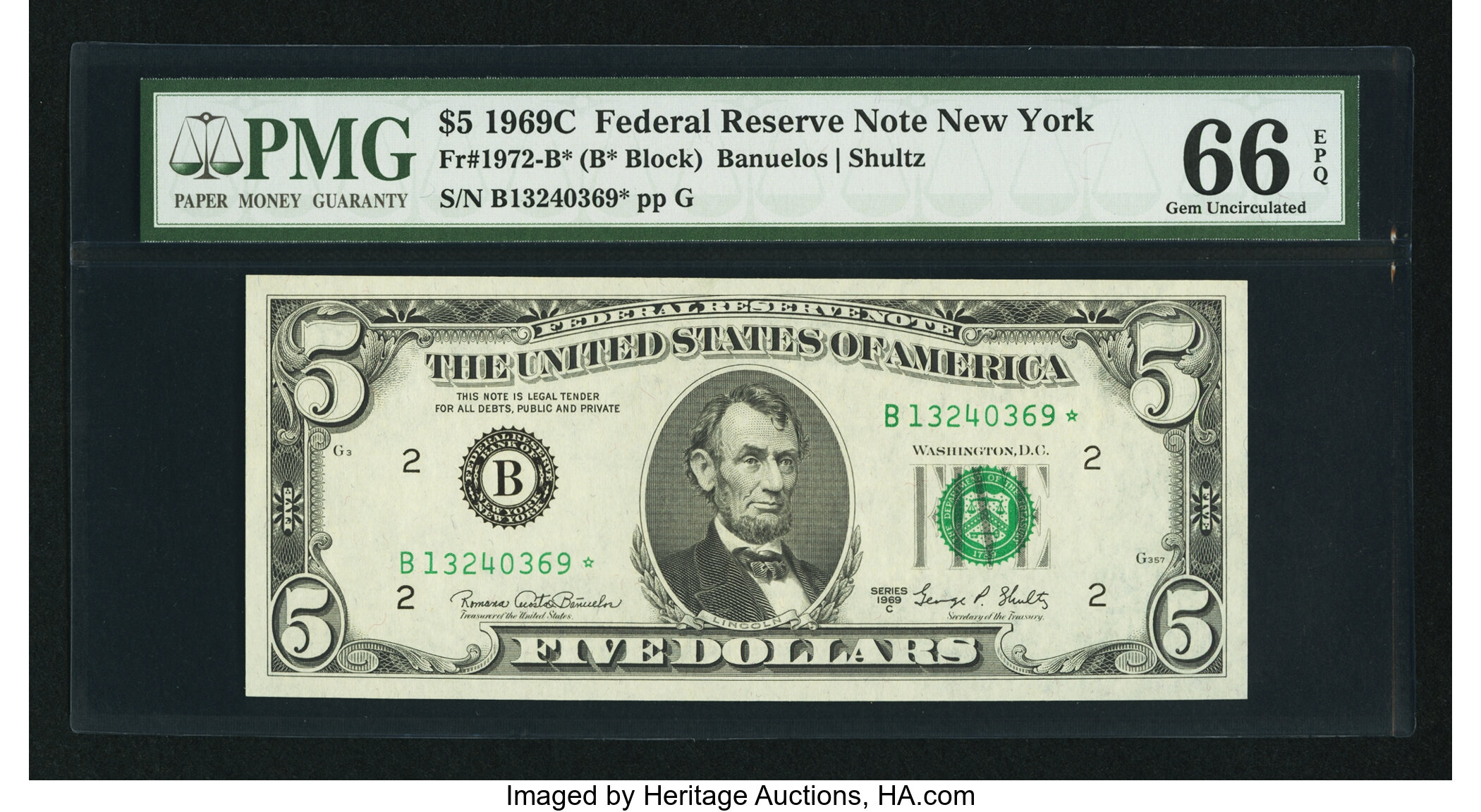 image for: Fr. 1972-B* $5 1969C Federal Reserve Star Note. PMG Gem Uncirculated 66 EPQ....