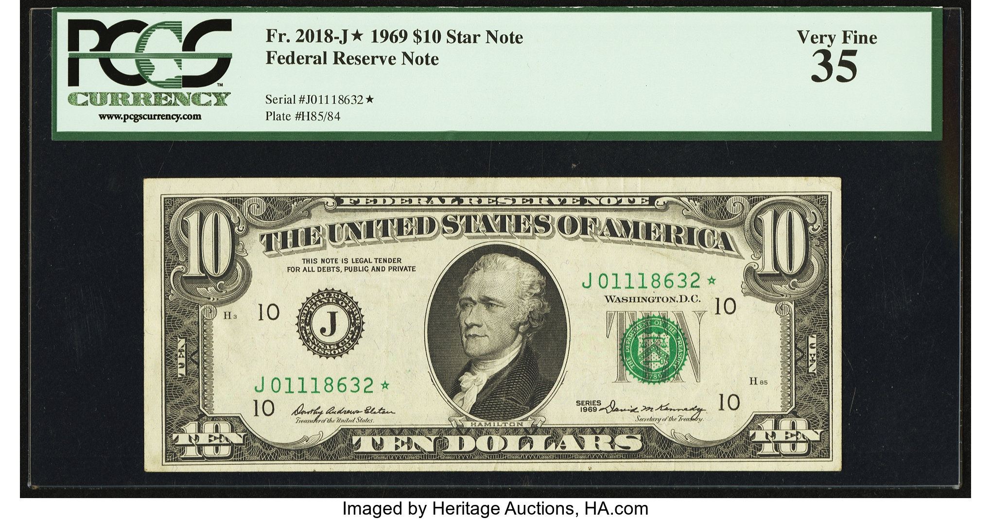 image for: Fr. 2018-J* $10 1969 Federal Reserve Note. PCGS Very Fine 35....