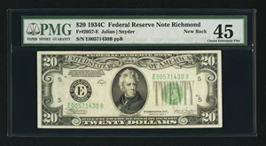 image for: Fr. 2057-E $20 1934C New Back Federal Reserve Note. PMG Choice Extremely Fine 45....