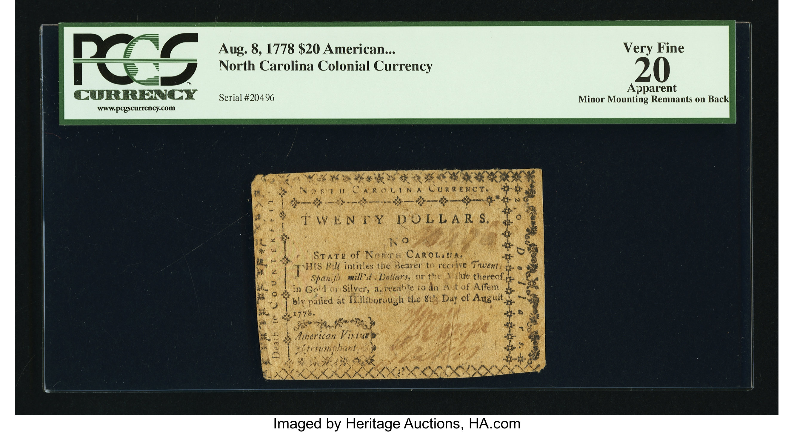 image for: North Carolina August 8, 1778 $20 American Virtue Triumphant PCGS Apparent Very Fine 20....
