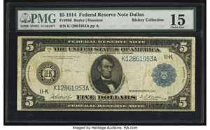 image for: Fr. 886 $5 1914 Federal Reserve Note PMG Choice Fine 15....