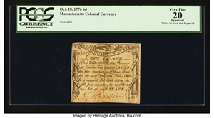 image for: Massachusetts October 18, 1776 6d PCGS Apparent Very Fine 20....