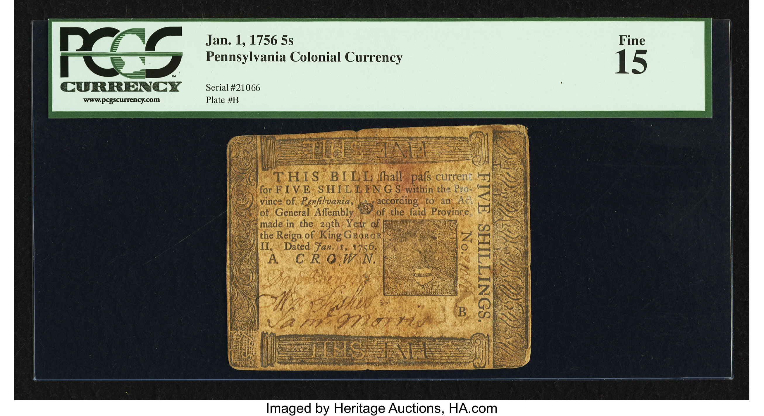 image for: Pennsylvania Jan. 1, 1756 5s PCGS Fine 15....