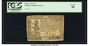 image for: Virginia May 5, 1777 $5 PCGS Very Fine 30....