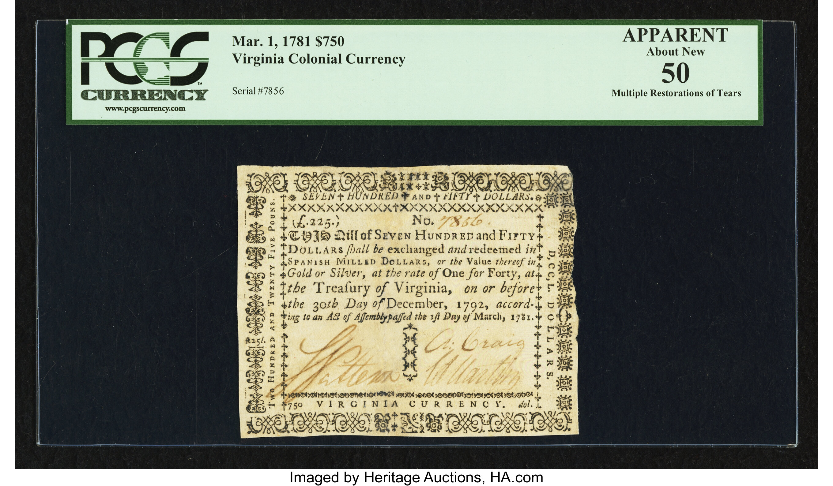 image for: Virginia March 1, 1781 $750 printed on thin laid paper PCGS Apparent About New 50....