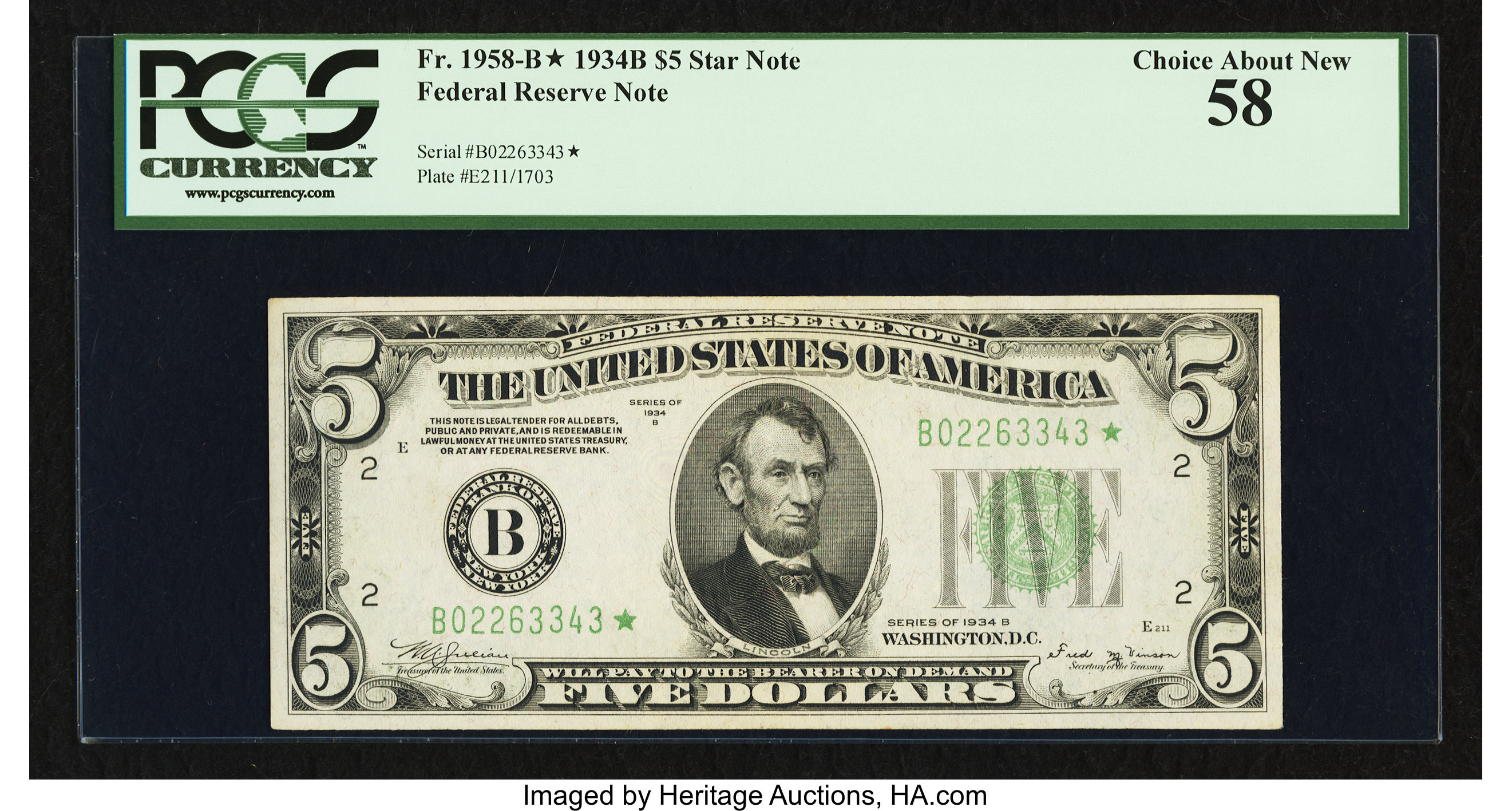 image for: Fr. 1958-B* $5 1934B Federal Reserve Note. PCGS Choice About New 58....
