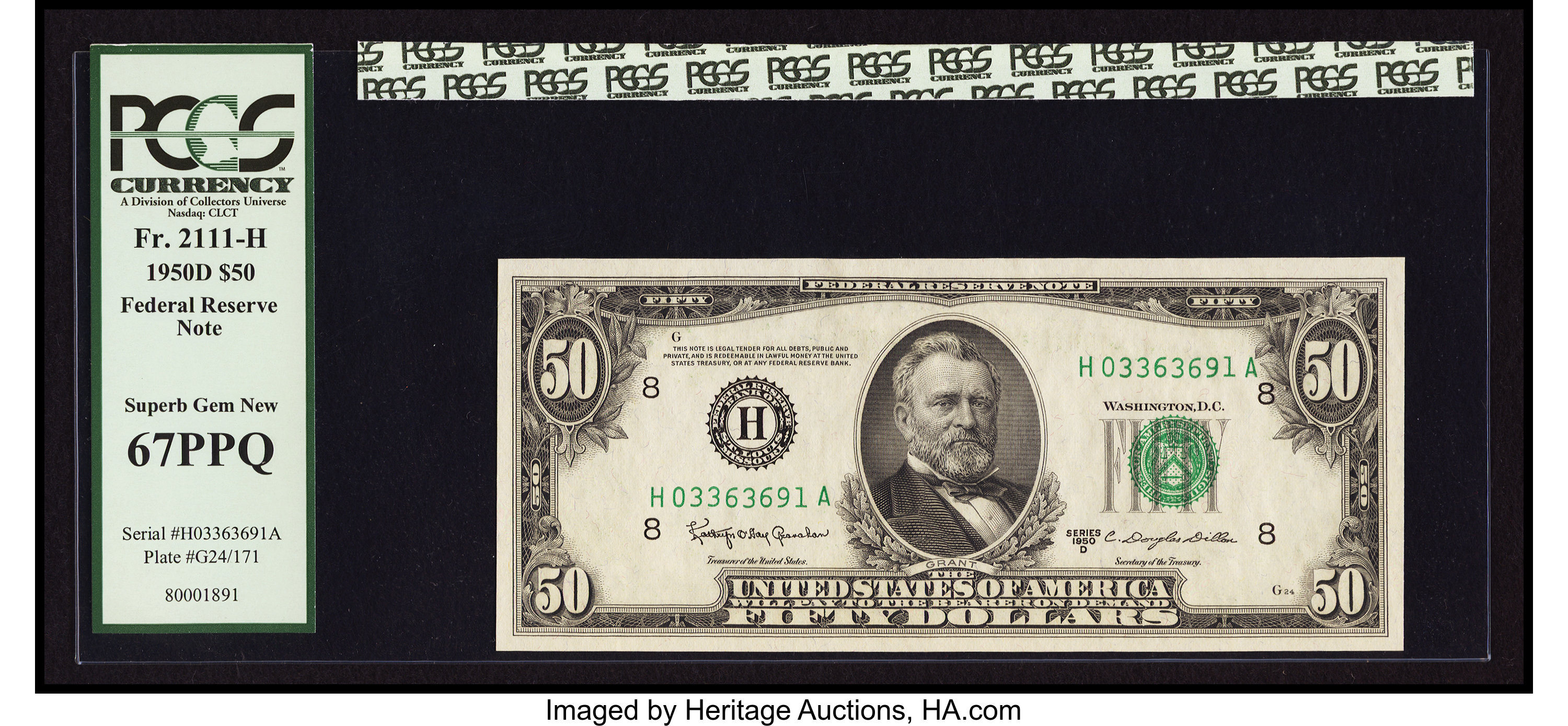 image for: Fr. 2111-H $50 1950D Federal Reserve Note. PCGS Superb Gem New 67PPQ....