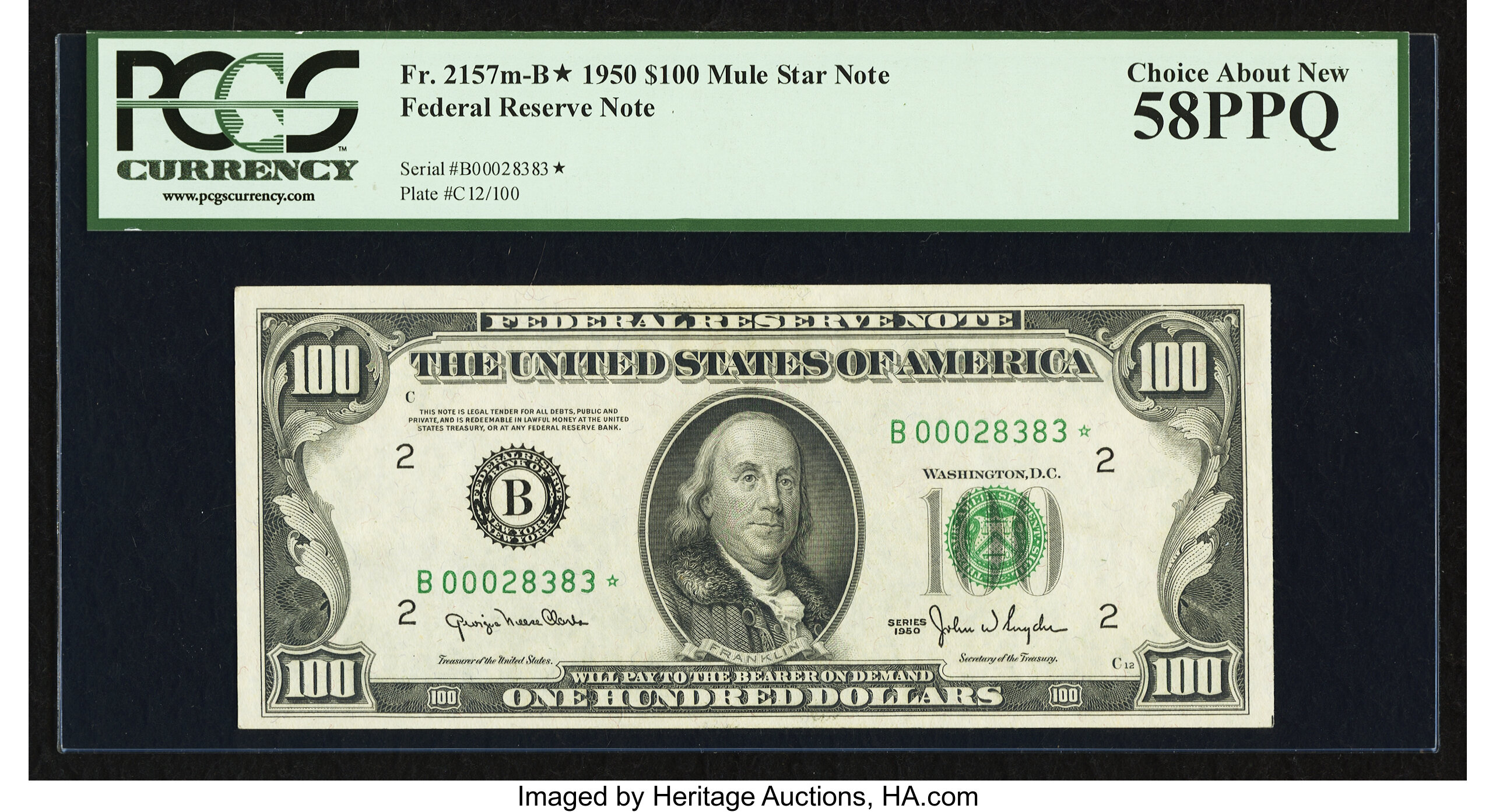 image for: Fr. 2157-B* $100 1950 Mule Federal Reserve Note. PCGS Choice About New 58PPQ....
