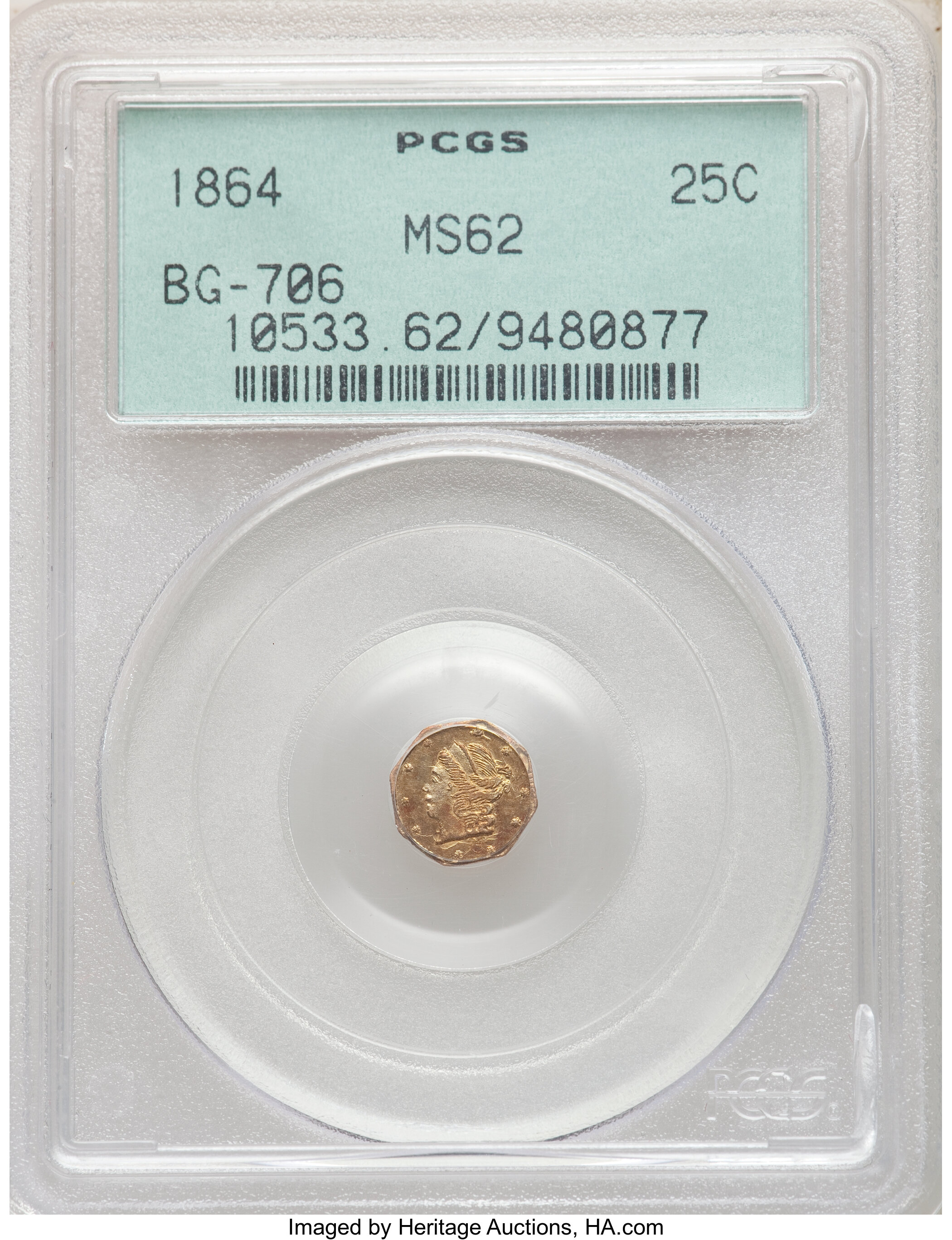 image for: 1864 25C Liberty Octagonal 25 Cents, BG-706, High R.5, MS62 PCGS. PCGS Population: (6/24). NGC Census: (2/10).  ...