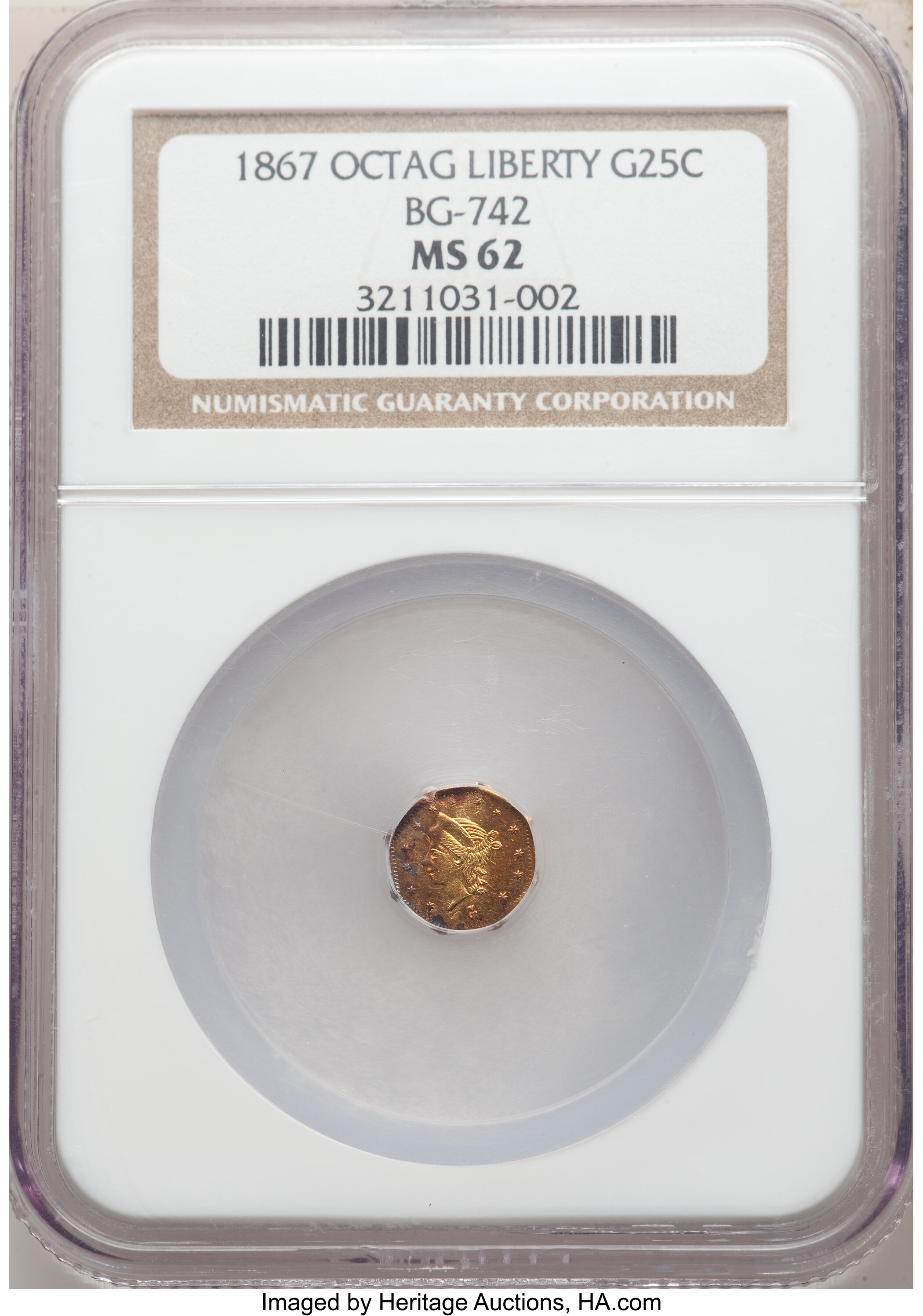 image for: 1867 25C Liberty Head Octagonal 25 Cents, BG-742, Low R.7, MS62 NGC. NGC Census: (3/1). PCGS Population: (4/1).  ...