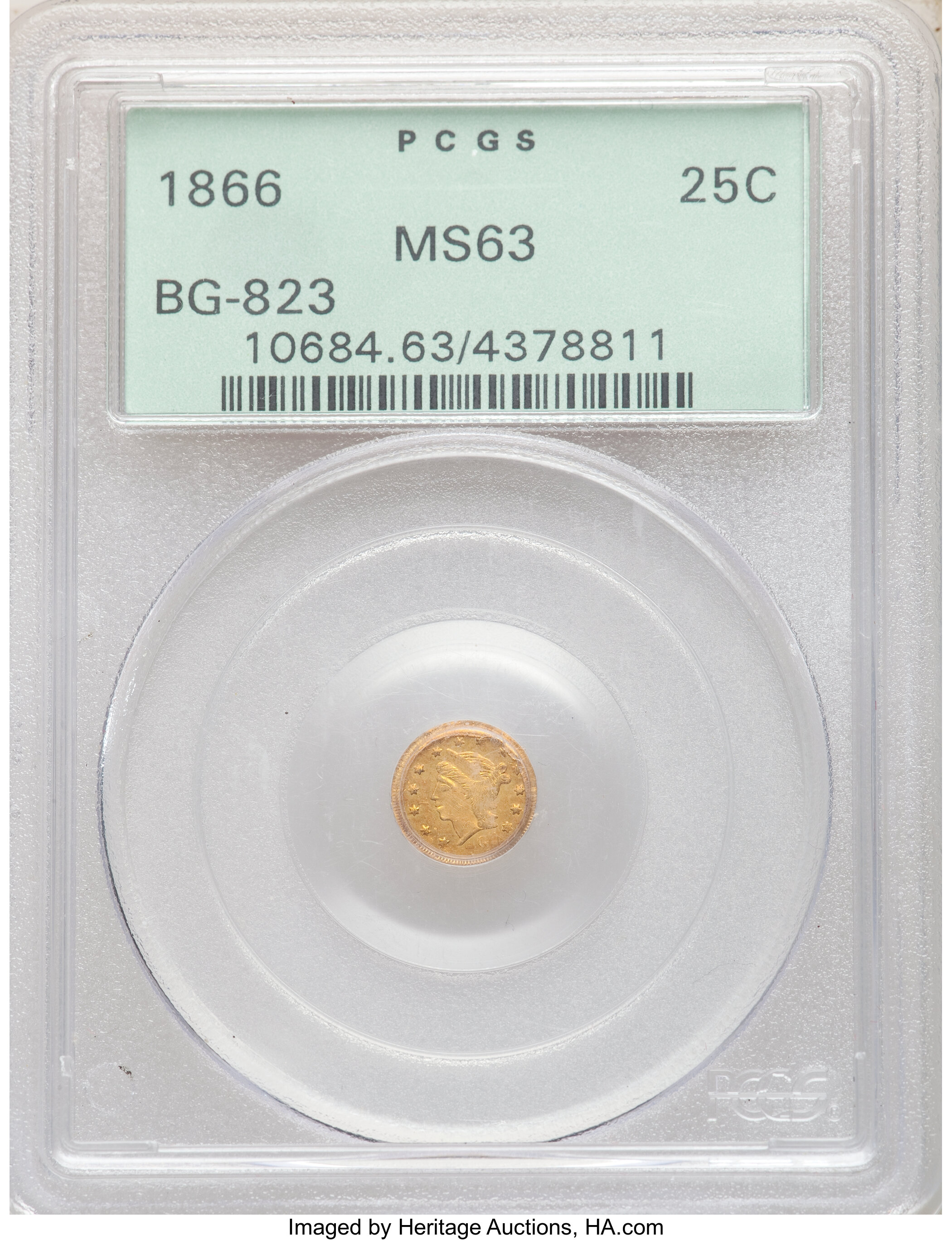 image for: 1866 25C Liberty Round 25 Cents, BG-823, R.7, MS63 PCGS. PCGS Population: (2/0). NGC Census: (0/0).  ...