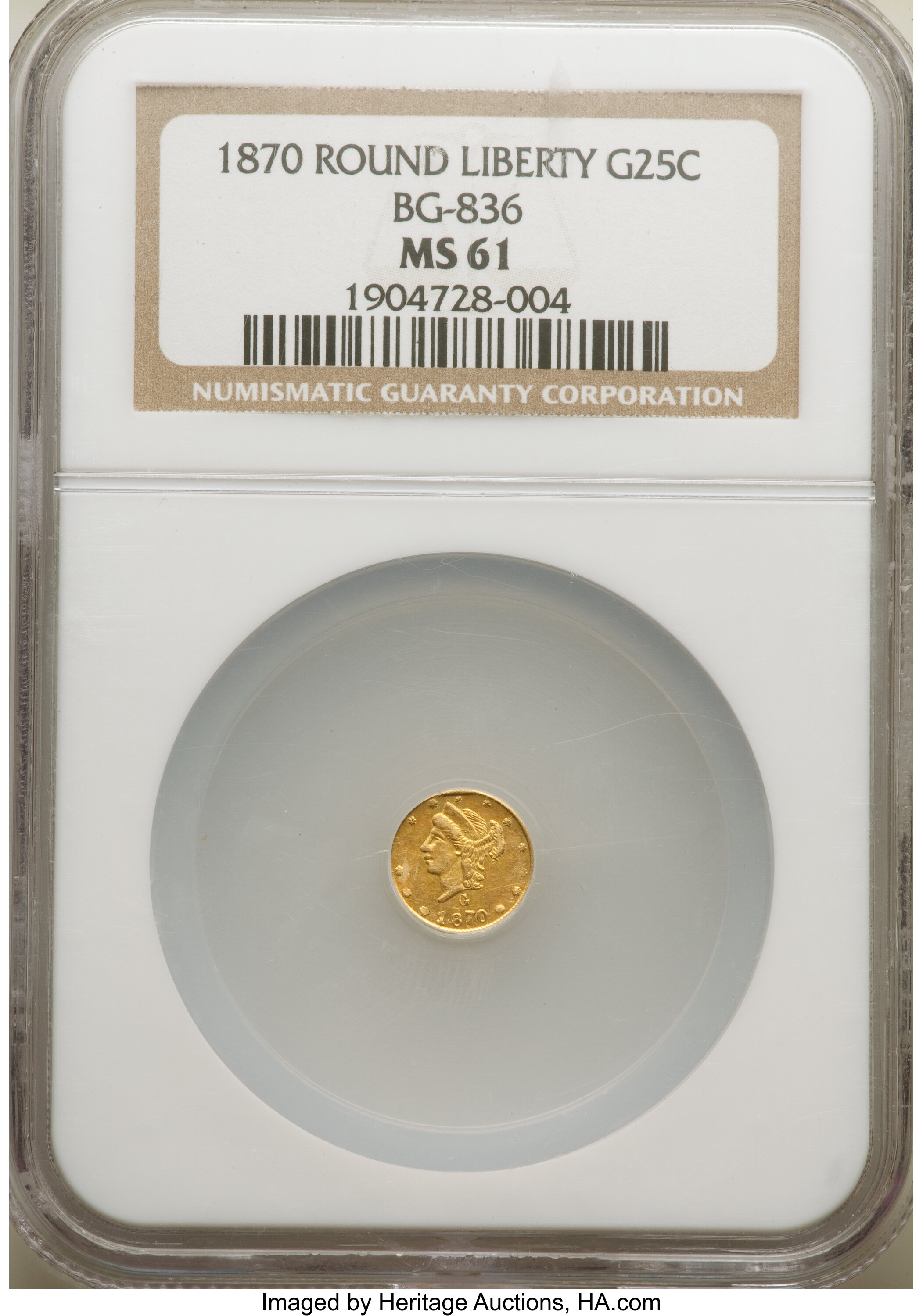 image for: 1870 25C Liberty Round 25 Cents, BG-836, High R.7, MS61 NGC. A very rare variety, with the date on the obverse and berries ...