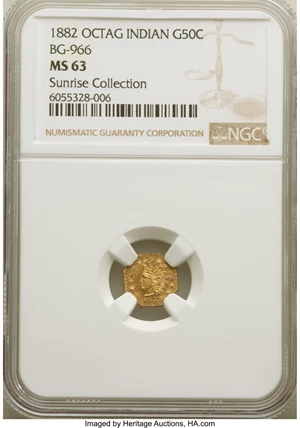 image for: 1882 50C Indian Octagonal 50 Cents, BG-966, High R.7, MS63 NGC. Ex: Sunrise Collection. NGC Census: (1/1). PCGS Population:...