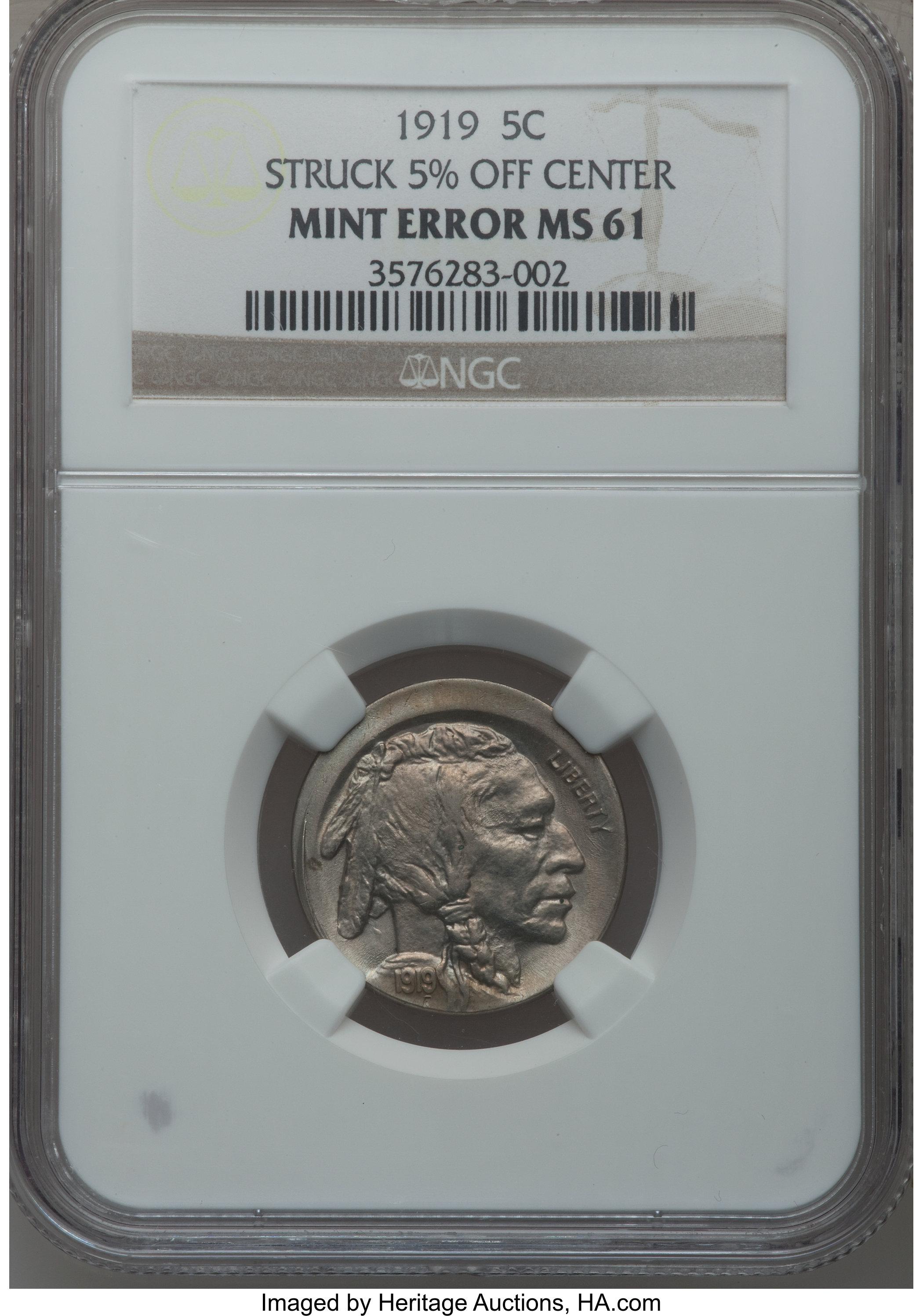 1919 5C Buffalo Nickel -- Struck 5% Off-Center -- MS61 NGC. ...