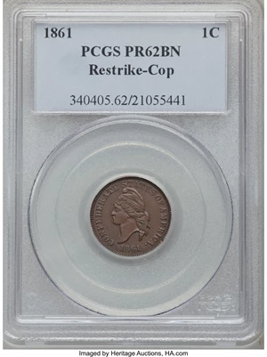image for: 1861 Confederate States of America Cent PR62 Brown PCGS. Copper 1874 Haseltine Restrike, Breen-8008, R.5....