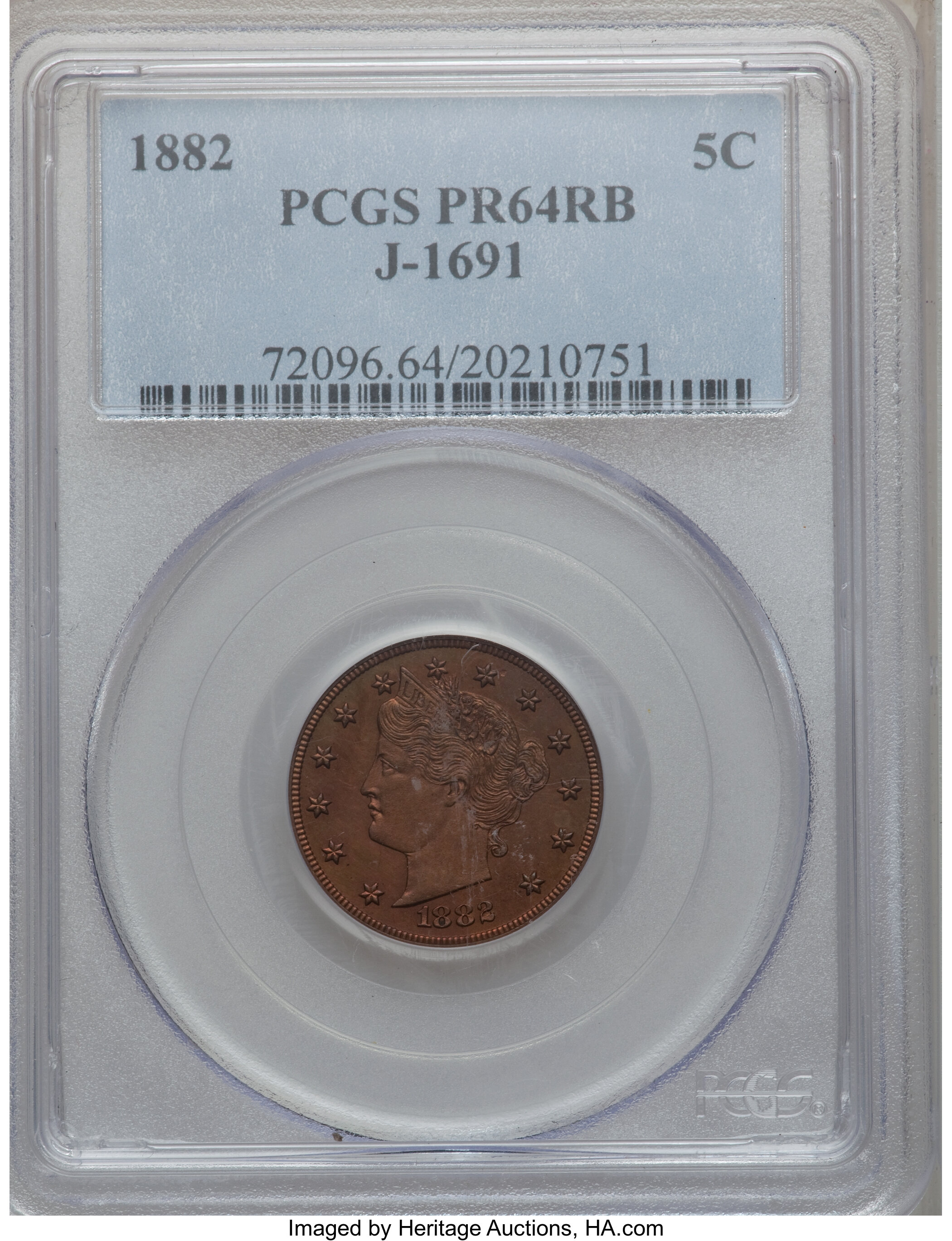 image for: 1882 5C Liberty Head Five Cents, Judd-1691, Pollock-1893, R.6, PR64 Red and Brown PCGS....