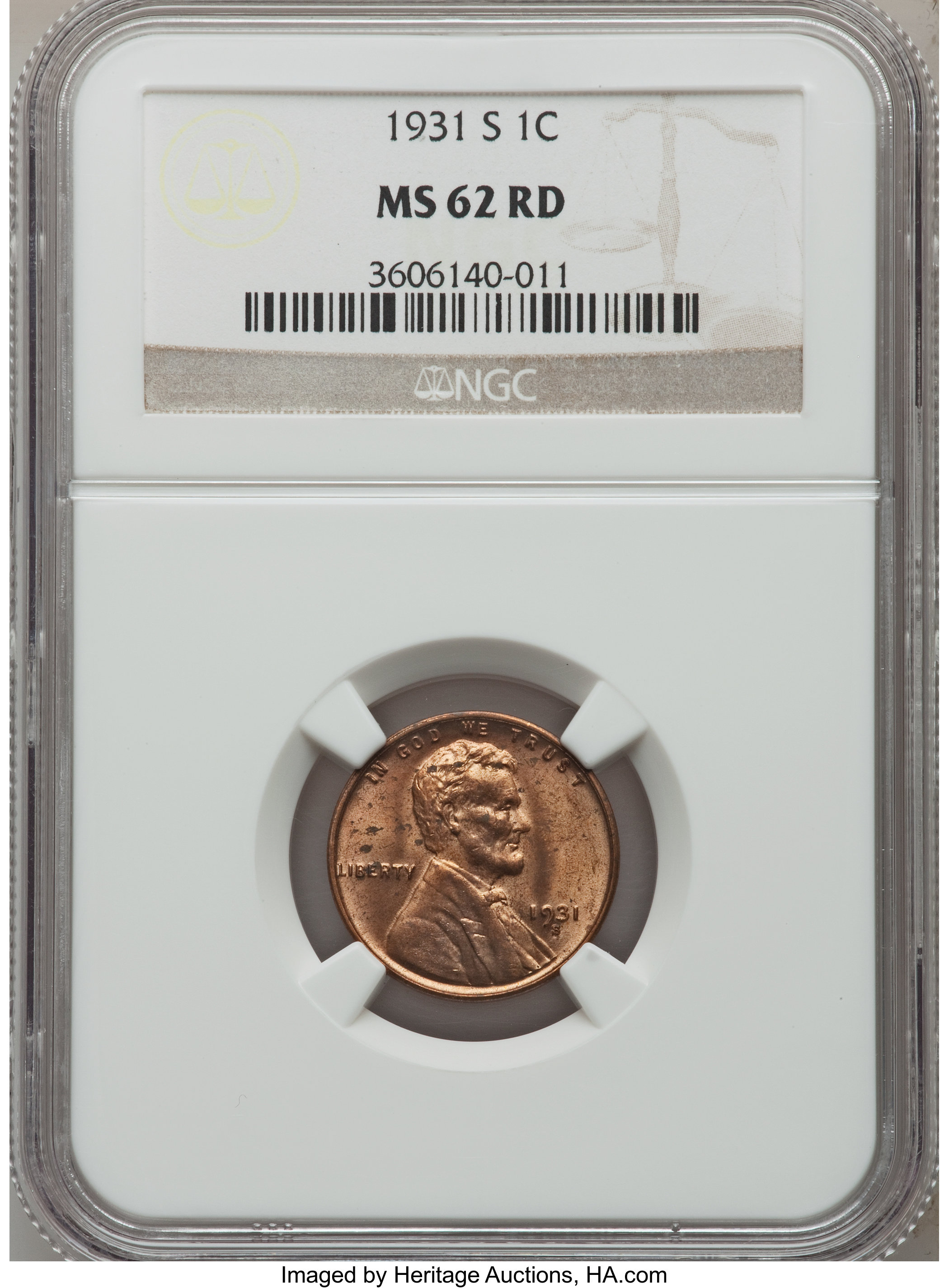 1931-S 1C MS62 Red NGC. NGC Census: (6/794). PCGS Population (2/2285). Mintage: 866,000. Numismedia Wsl. Price for problem ...