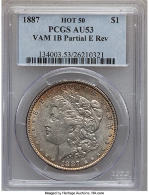 image for: 1887 $1 Partial E Reverse AU53 PCGS. VAM-1B, R.6....