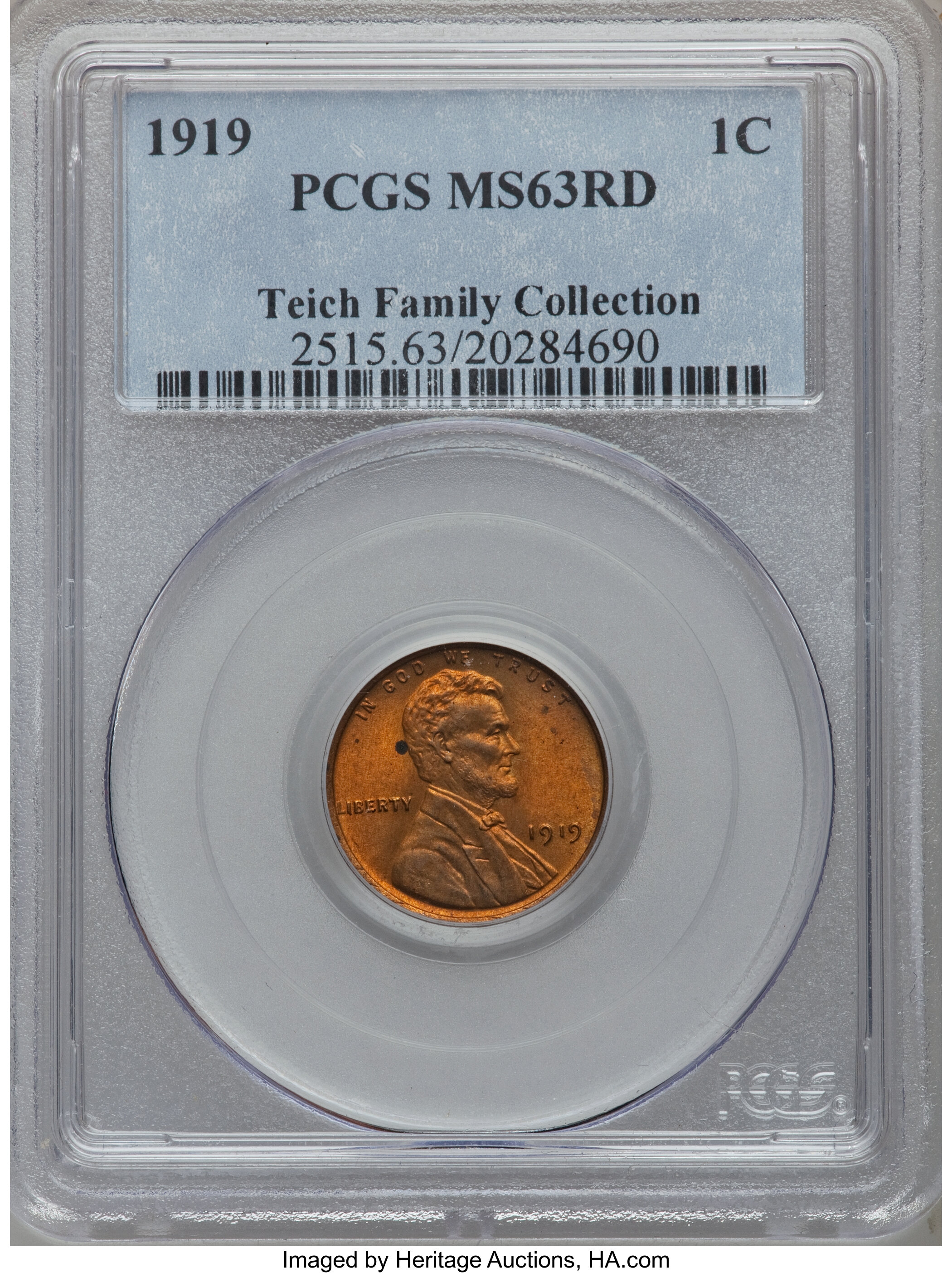 1919 1C MS63 Red PCGS. Ex: Teich Family Collection. PCGS Population (53/984). NGC Census: (46/618). Mintage: 392,020,992. N...