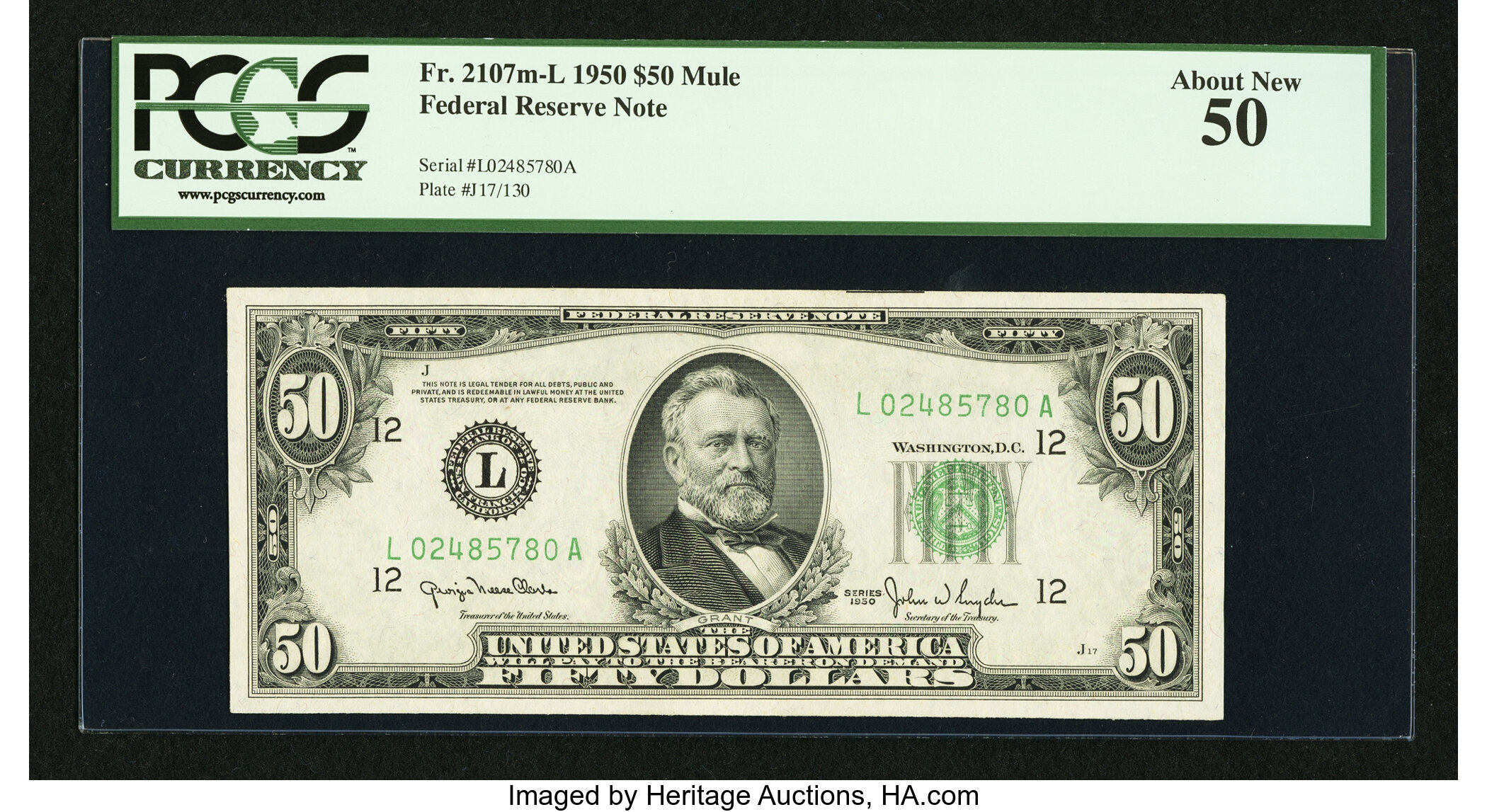 image for: Fr. 2107m-L $50 1950 Mule Federal Reserve Note. PCGS About New 50....