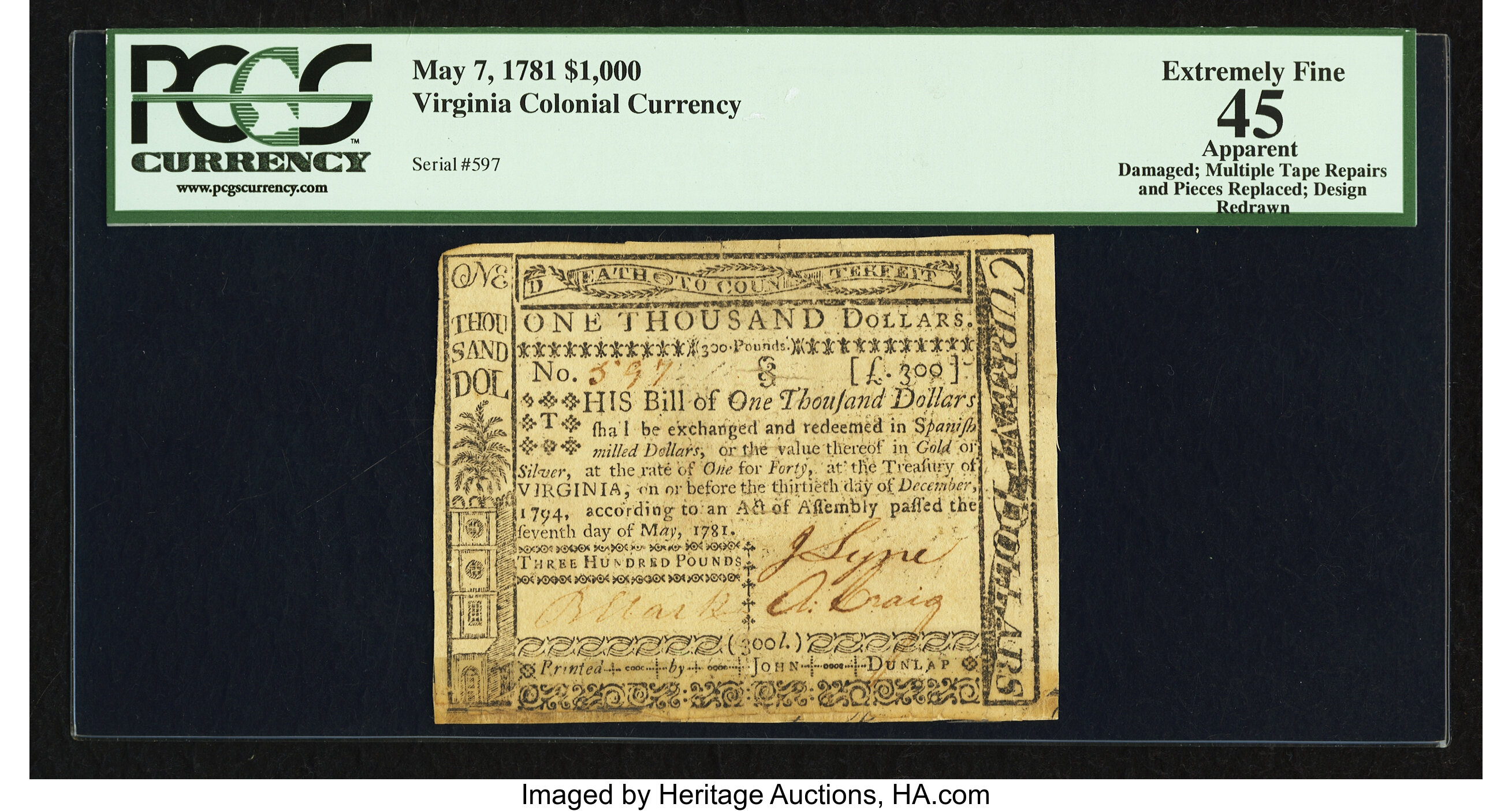 image for: Virginia May 7, 1781 $1000 PCGS Apparent Extremely Fine 45....